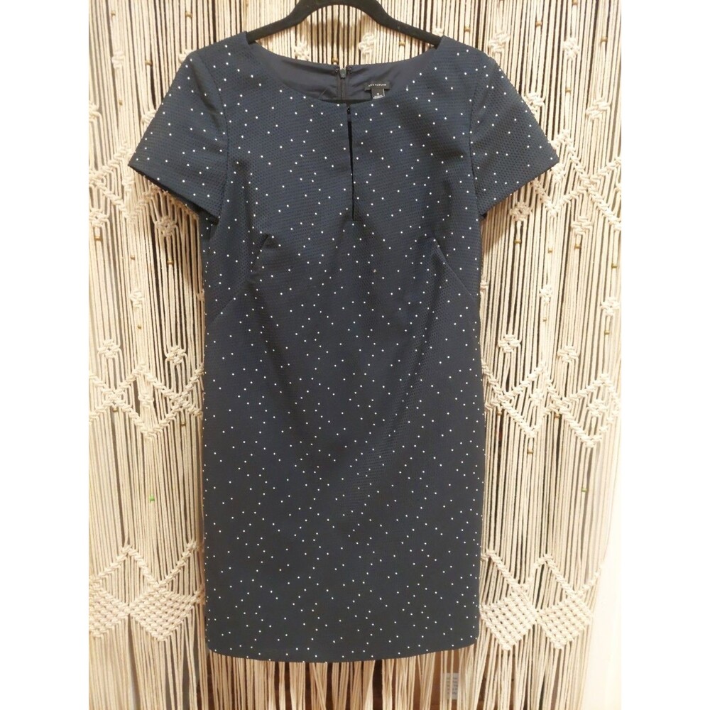 Ann Taylor Polka dot Dress Size 8 Navy Blue Peekaboo Neckline Textured EU Lined